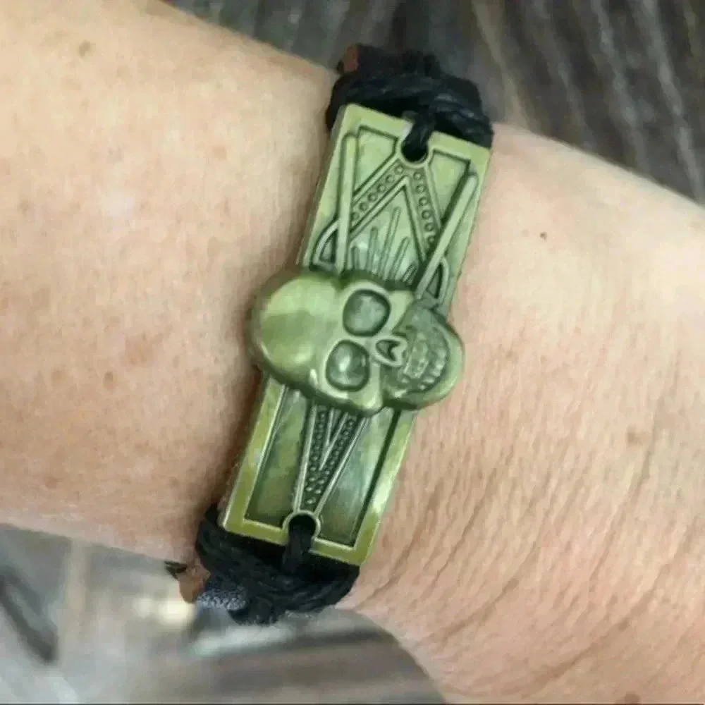 Bronze Freemason Skull Leather & Hemp Adjustable Bracelet B NWT
